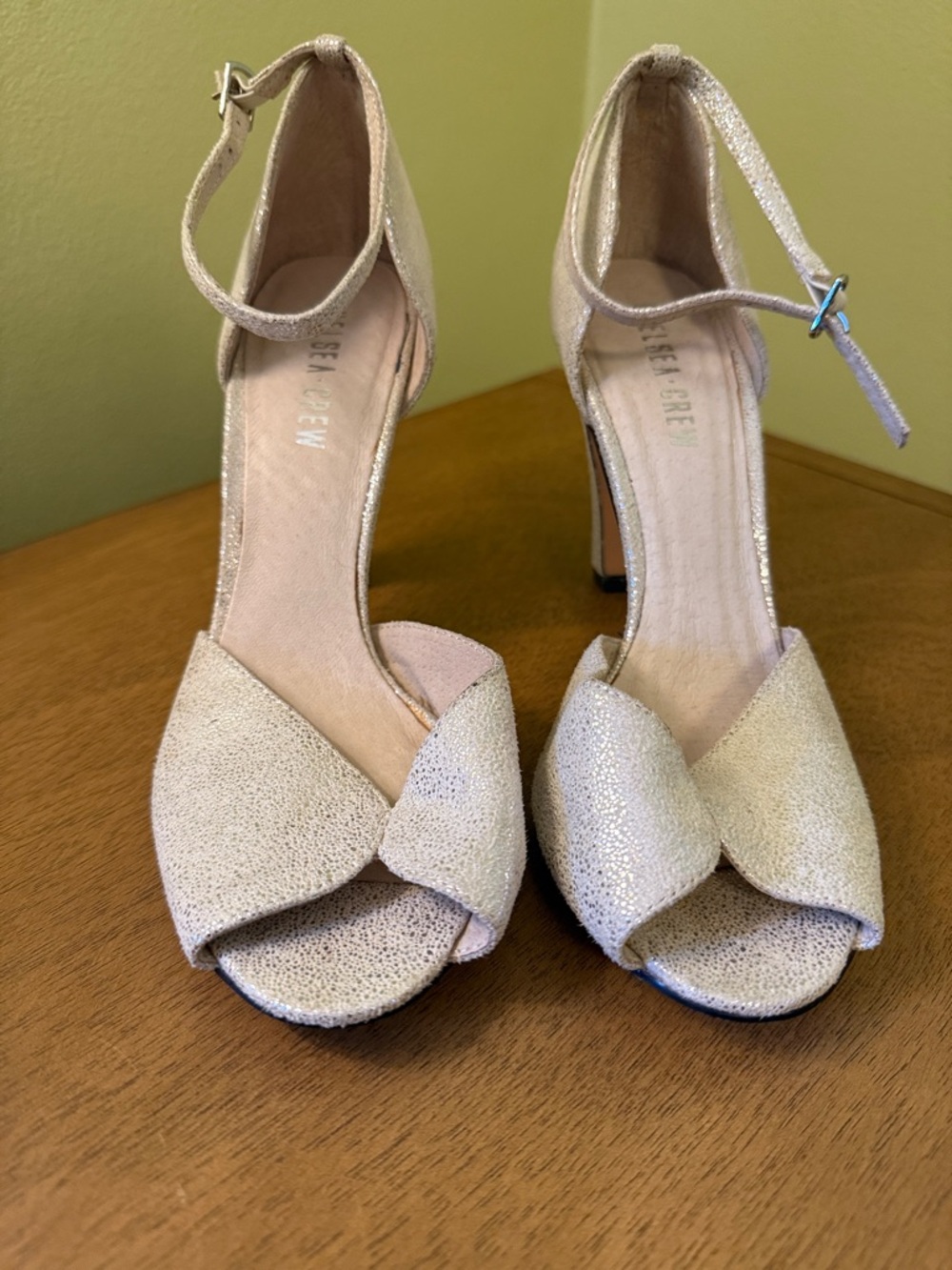 chelsea crew Gold Glitter retro Peep-Toe Ankle-Strap Heel